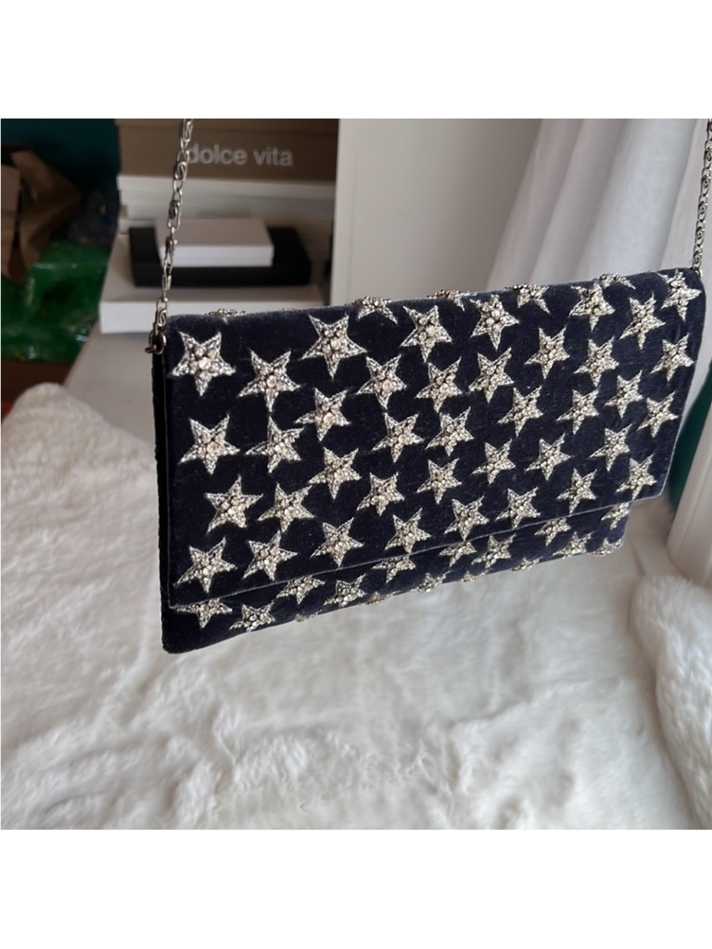 Navy velvet crossbody or envelope clutch with rhinestone stars - Picture 6 of 9